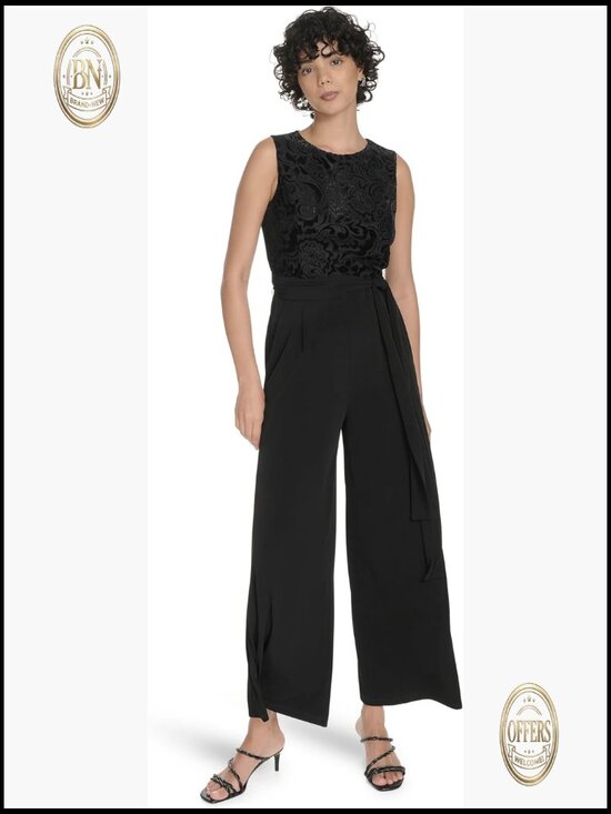 Sleeveless Bodice Lined Self Tie Jumpsuit Velvet Burnout Jersey Pant